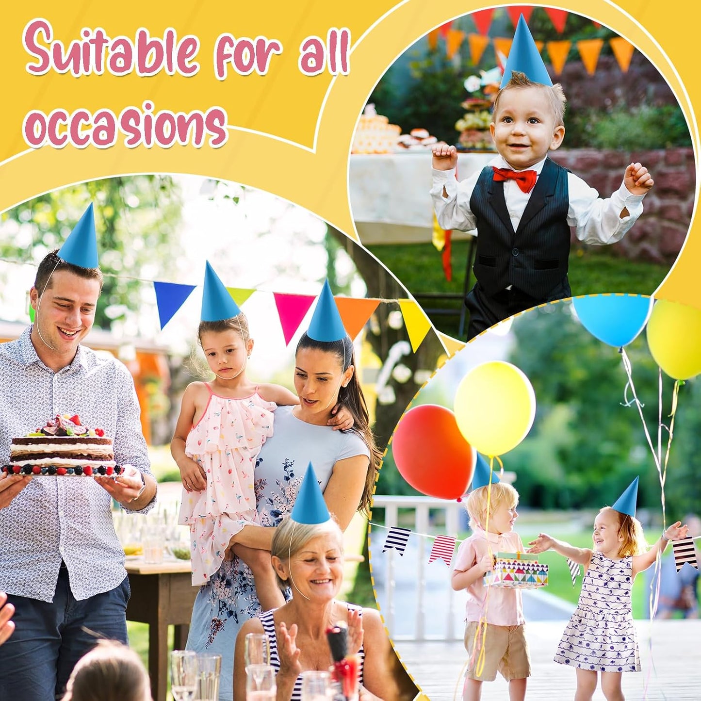 24 PCS Party Cone Hats DIY Birthday Paper Cone Hats for Kids and Adults Birthday, Baby Shower, Bridal Shower