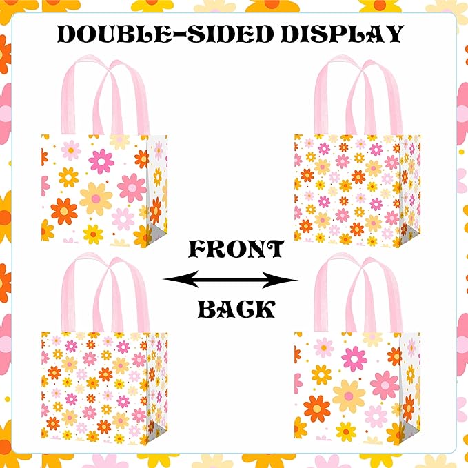 iPartyFun 12pcs Daisy Theme Gift Treat Bags with Handles Groovy Spring Flower Non-Woven Tote Bags 70s Groovy Hippie Chrysanthemum Daisy Decorations for Spring Summer Flower Birthday Wedding Supplies