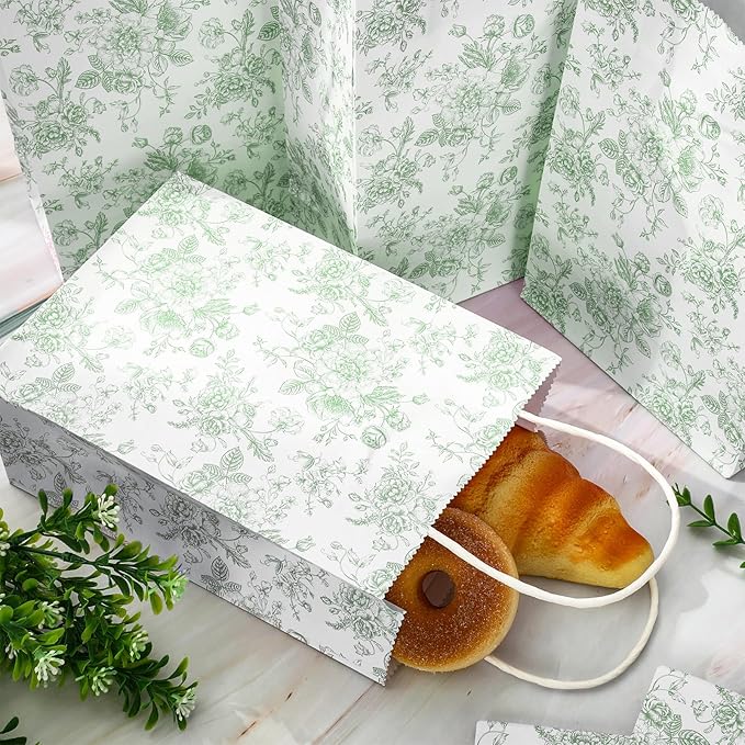 JarThenaAMCS 24Pcs Sage Green Floral Paper Gift Bag Vintage Flower Treat Bags with Handles Chinoiserie Candy Goodie Packaging Bags for Birthday Wedding Party Favors Supplies