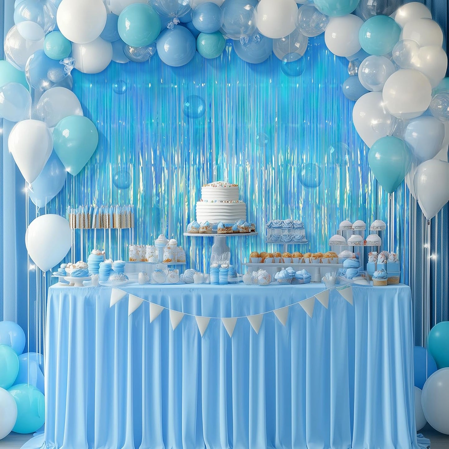 2 Pack Blue Iridescent Streamers Backdrop, 3.3x6.6ft Foil Fringe Curtains Holographic Door Tinsel Streamers for Birthday, Wedding, Holiday, Bachelorette, Christmas, Winter Theme Party Decorations