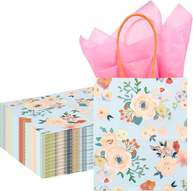 24 Pack Mini Floral Paper Gift Bags Small Green Party Favor Bags with Handles and Pink Tissue Paper for Wedddings, Bridal Baby Showers, Birthdays, Tea Parties 6.5x5.5x3 Inch (Spring Flowers)