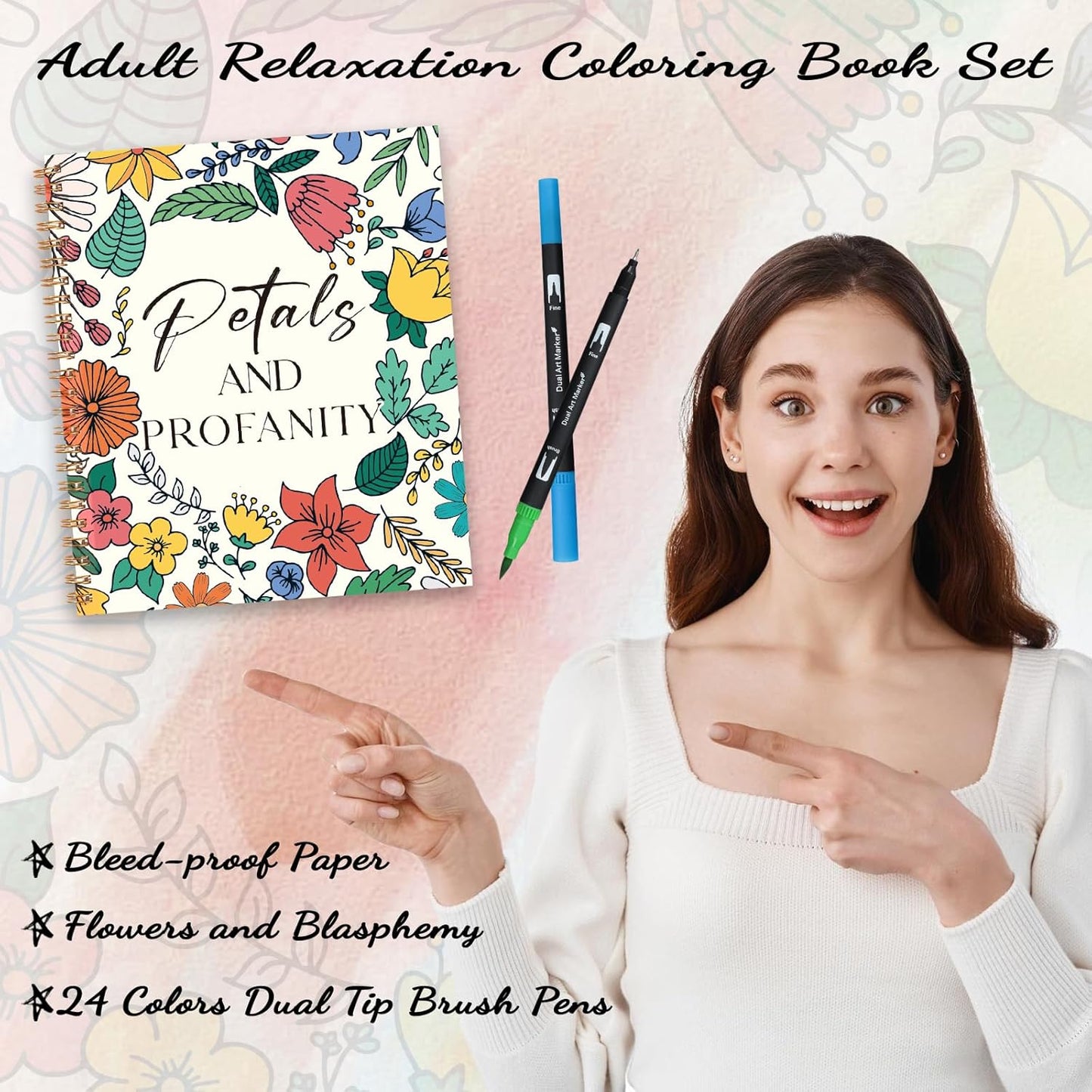 7×8.2in Adult Coloring Book Set for Relaxation, Spiral Bound Coloring Book for Women with 24 Colors Markers, Mindfulness Stress Relief 32 Patterns for Adults, Teens, Gift