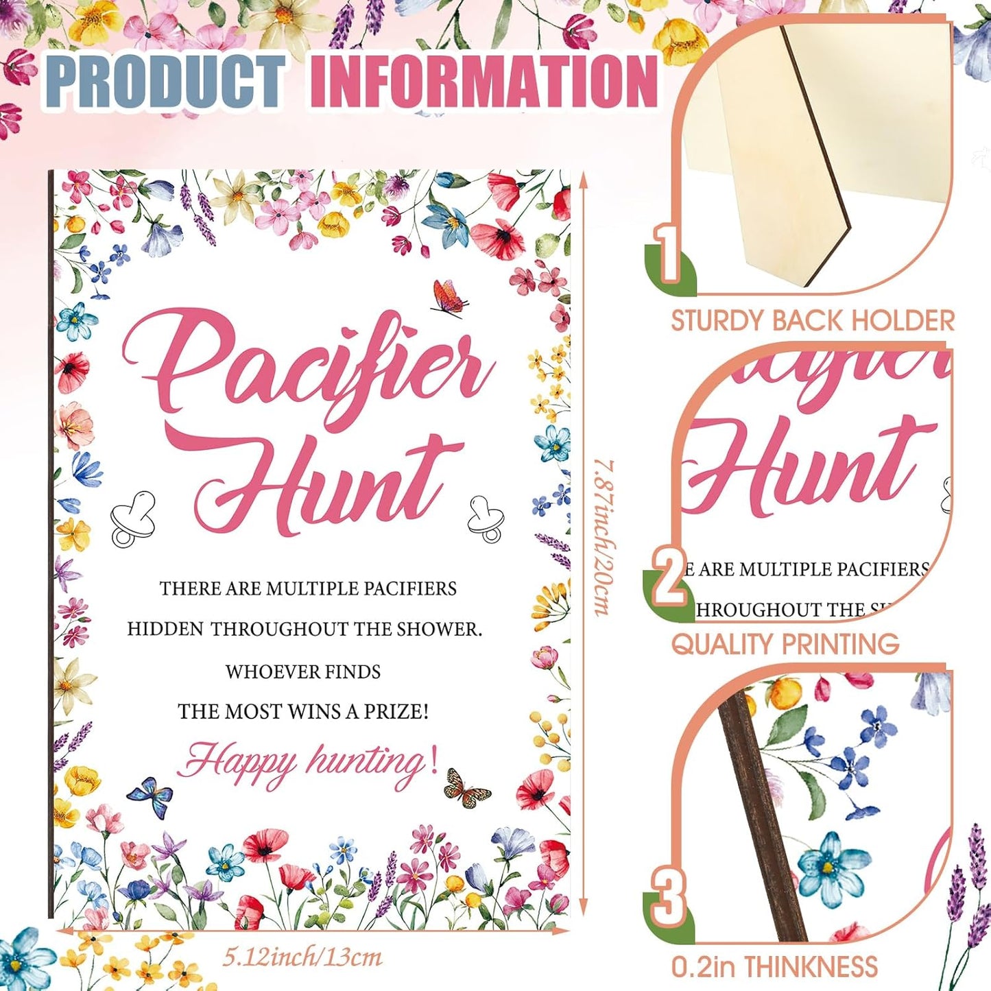 Thyle 51 Pcs Pacifier Hunt Baby Shower Games Include Hunt Sign and 50 Acrylic Pacifiers for Baby Shower Game Decoration Gift Sets Gender Reveal Party Decor(Wildflower)
