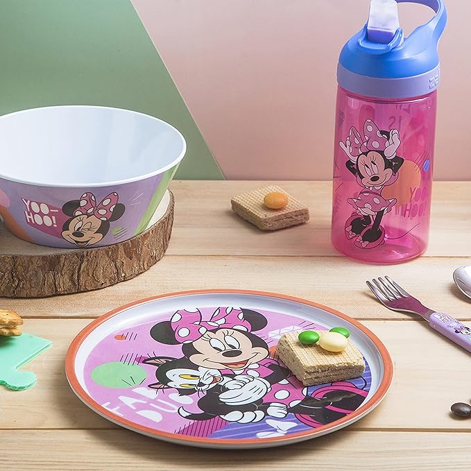 Zak Designs 5-Piece Dinnerware Set, Disney Minnie Mouse - Durable Plastic & Stainless Steel - Includes Water Bottle, 8-Inch Plate, 6-Inch Bowl, Fork & Spoon - Suitable for Kids Ages 3+