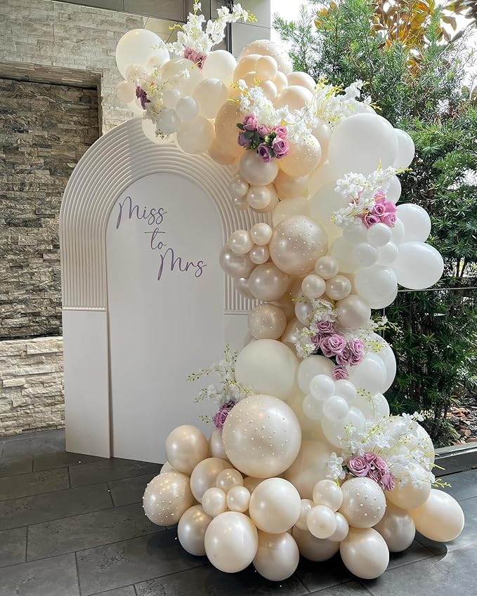 Pearl White Balloon Arch Kit - 126Pcs Different Sizes Double Stuffed Pearl White and Clear Balloons Garland Kit for Wedding Bridal Shower Engagement Birthday Baby Shower Party Decorations