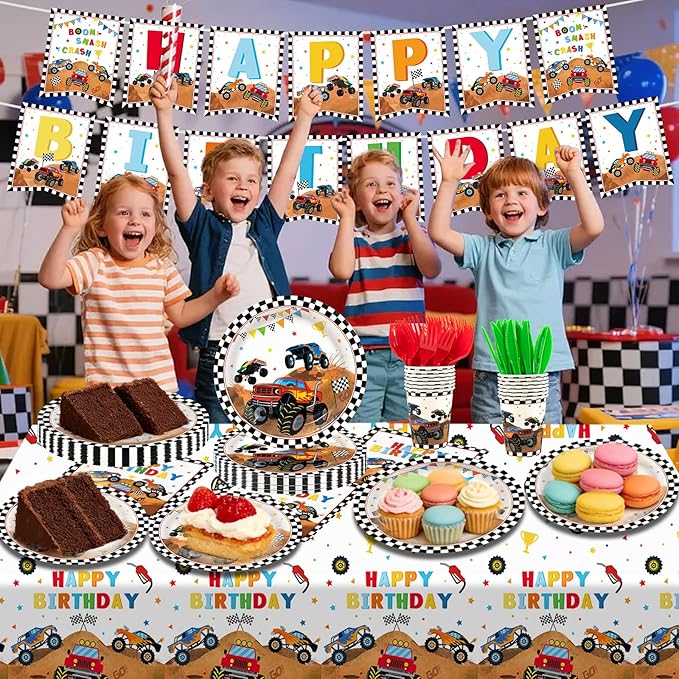 182pcs Monster Truck Party Supplies,Kids Birthday Plates and Napkins Set for Boys Birthday Party Decorations,Serves 30 Guests