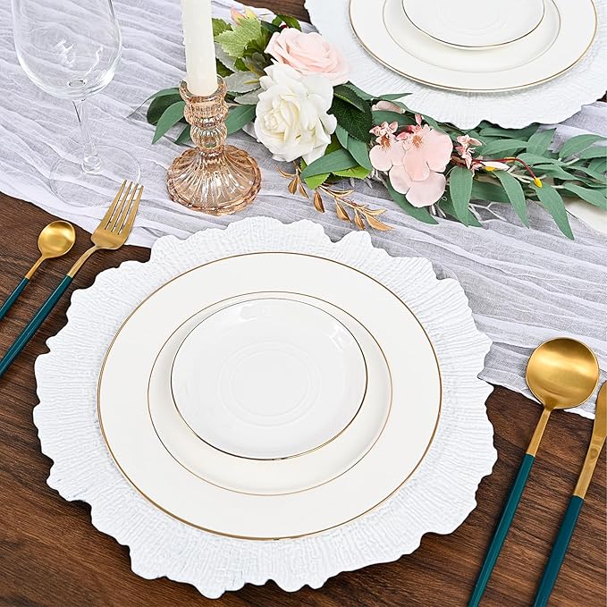 Pesonlook 100Pcs White Charger Plates Round 13inch, Reef Plate Chargers for Dinner, Bulk Plastic Floral Table Charger Plates for Dinner Wedding Party Event Table Setting Decoration(White)