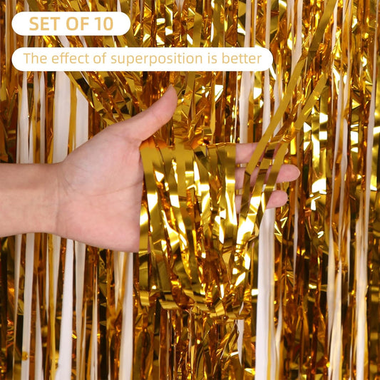 10 Pack Gold Foil Curtain Backdrop 3.2ft x 9.8ft Metallic Tinsel Foil Fringe Curtains Streamer Photo Booth Backdrop for Birthday Party Engagement Bachelorette Party Decorations (Gold)