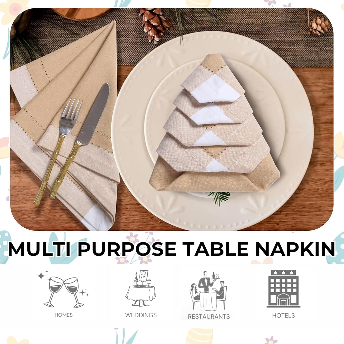 Homidate Cotton Cloth Napkins Set of 12 – 20x20 Beige Multi Double Hemstitched – Machine Washable Dinner Napkins for Weddings, Easter & Special Occasions