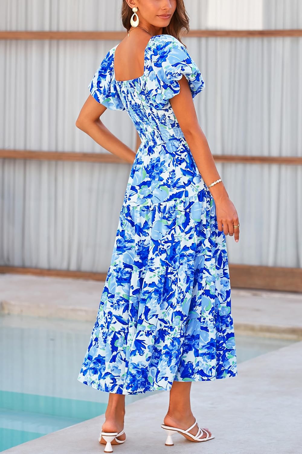 PRETTYGARDEN Women's Casual Summer Midi Dress Puffy Short Sleeve Square Neck Smocked Tiered Ruffle Dresses