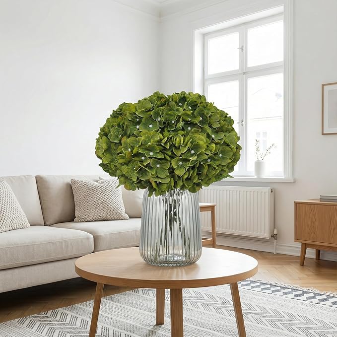 2Bouquets Artificial Fake Flowers Plants Silk Hydrangea Arrangements Wedding Bouquets Decorations Plastic Floral Home Kitchen Garden Party Festival Bar DIY(Olive Green,5 Flower Heads)