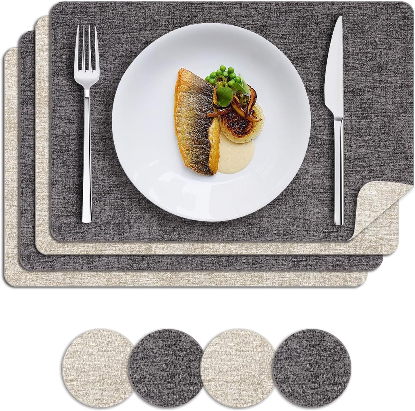 MOSAYT Placemats Set of 4, Heat Resistant Vinyl Place Mats with Coasters, 100% Waterproof Wipeable & Washable Faux Leather Table Mats for Kitchen Dining Party Indoor Outdoor, 12" x 18", Grey Beige