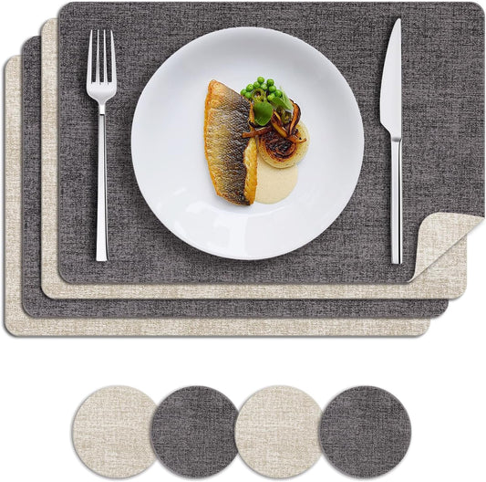 MOSAYT Placemats Set of 4, Heat Resistant Vinyl Place Mats with Coasters, 100% Waterproof Wipeable & Washable Faux Leather Table Mats for Kitchen Dining Party Indoor Outdoor, 12" x 18", Grey Beige