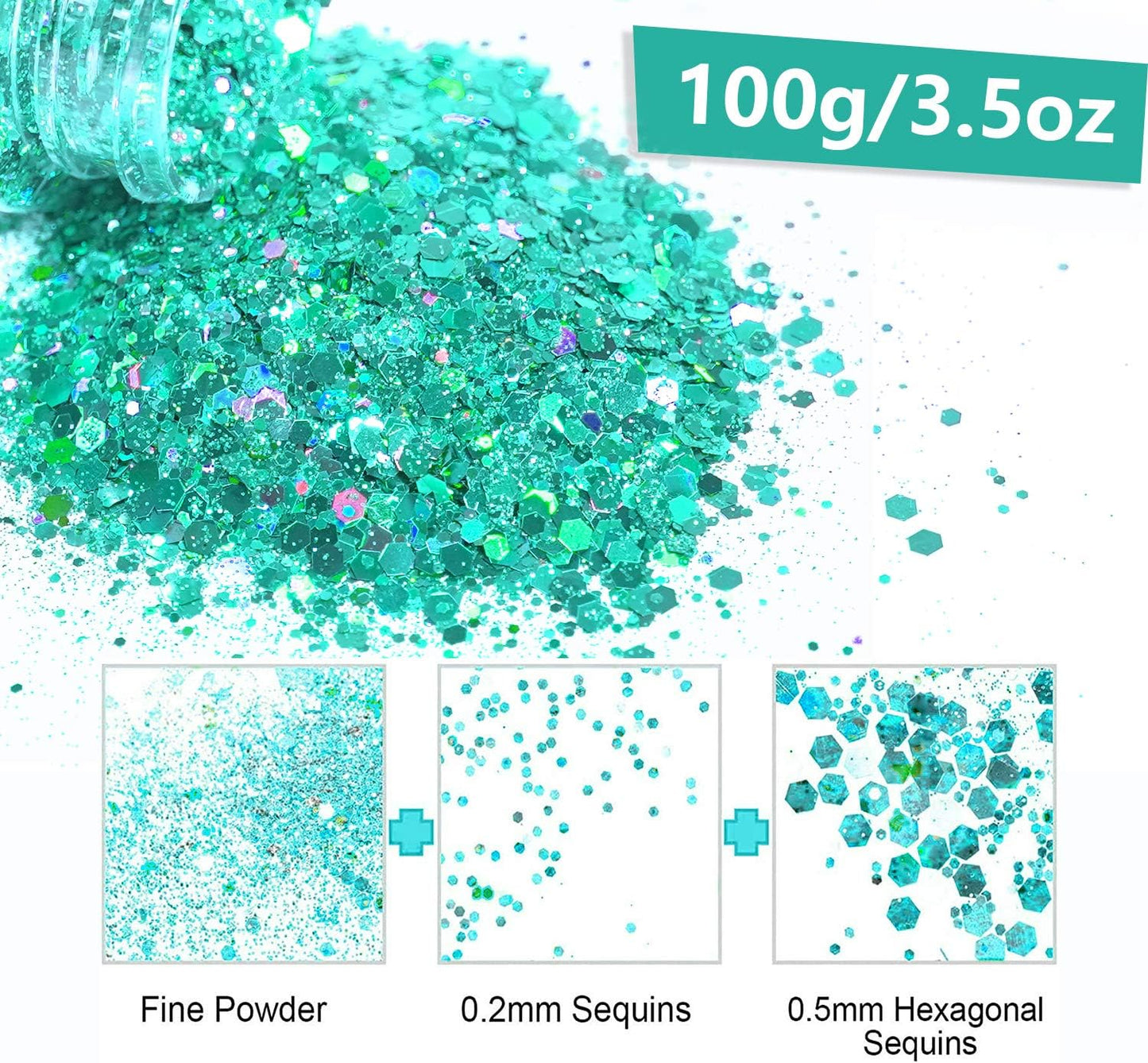 HEMOER Turquoise Glitter, 100g/3.5oz Holographic Chunky Glitter Mixed Hexagon Chunky & Fine Flakes Cosmetic Iridescent Sequins for Epoxy Crafts, Resin, Nail Body, Tumblers, Party Decoration