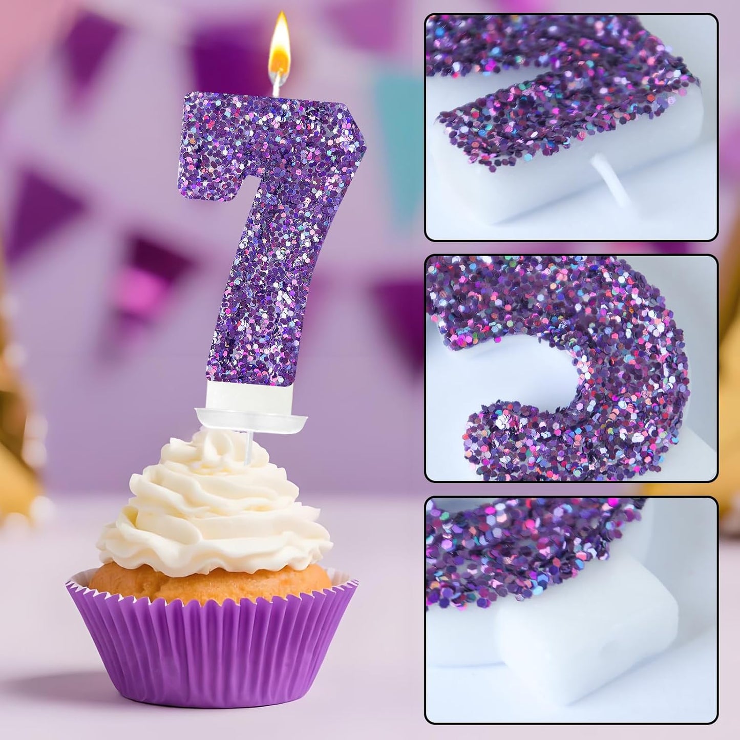 Birthday Number Candles, Glitter Number Candle Cake Decorations with Sequins, Cupcake Decorations for Girls, Women, Party Anniversary Celebrations (Number 7, Purple)