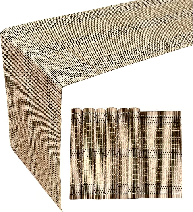ANDSTAR 6 Pcs Natural Bamboo Placemat with Matching 1 Piece 12 x 72 Inch Table Runner Heat Resistant Oil-Proof Non-Slip Waterproof Easy to Clean Place Mats and Table Runner(Brown) …