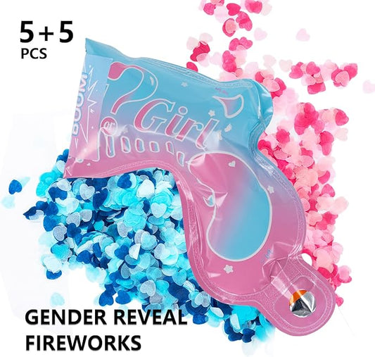 Gender Reveal Confetti Balloon Salute Gun, He or She (Set of 10) Baby Boy or Girl Party Supplies Decoration (5 Blue +5 Pink)
