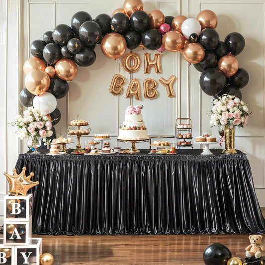 Wish Care 6ft Black Satin Table Skirt for Rectangle Tables Decorations Wrinkle Free Glitter Desk Skirts Pleated Ruffle Table Cloth for Wedding Birthday Party Display Trade Show Teacher Table Skirting