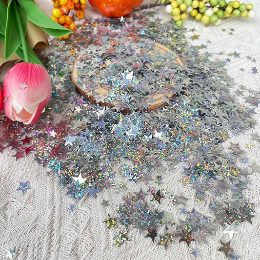 WEIKA 60g Star Confetti Glitter Star Table Confetti, Metallic Foil Star Glitter, Table Decorations for Party Wedding birthday graduation Decorations(Glitter Silver Set, 10mm and 6mm)