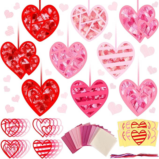 Motipuns 32 Sets Valentine Suncatchers Paper Craft Set DIY Heart Shaped Window Stained Glass Effect Paper Kit for Valentine Mother's Day Art Projects Party Favors(Cute Style)