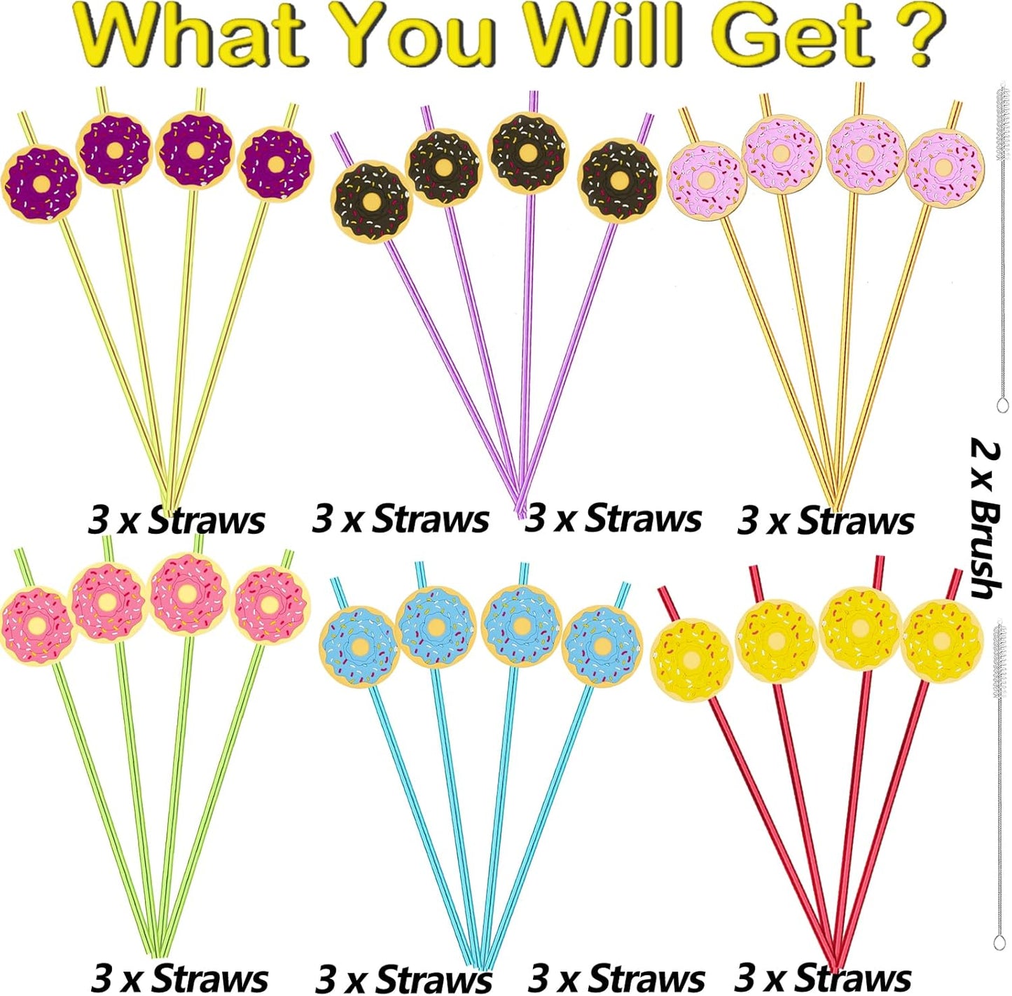 24pcs Reusable Donut Crazy Rainbow Straws for Birthday Party Supplies Party Decorations Party Favor with 2 Cleaning Brushes 6 Colors Straws