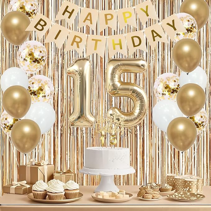 Trgowaul 15th Birthday Decorations for Girls, Banner, Sash and Crown, Cake Topper, 15 Number Balloon, Fringe Curtains, Champagne Gold 15th Birthday Party Supplies