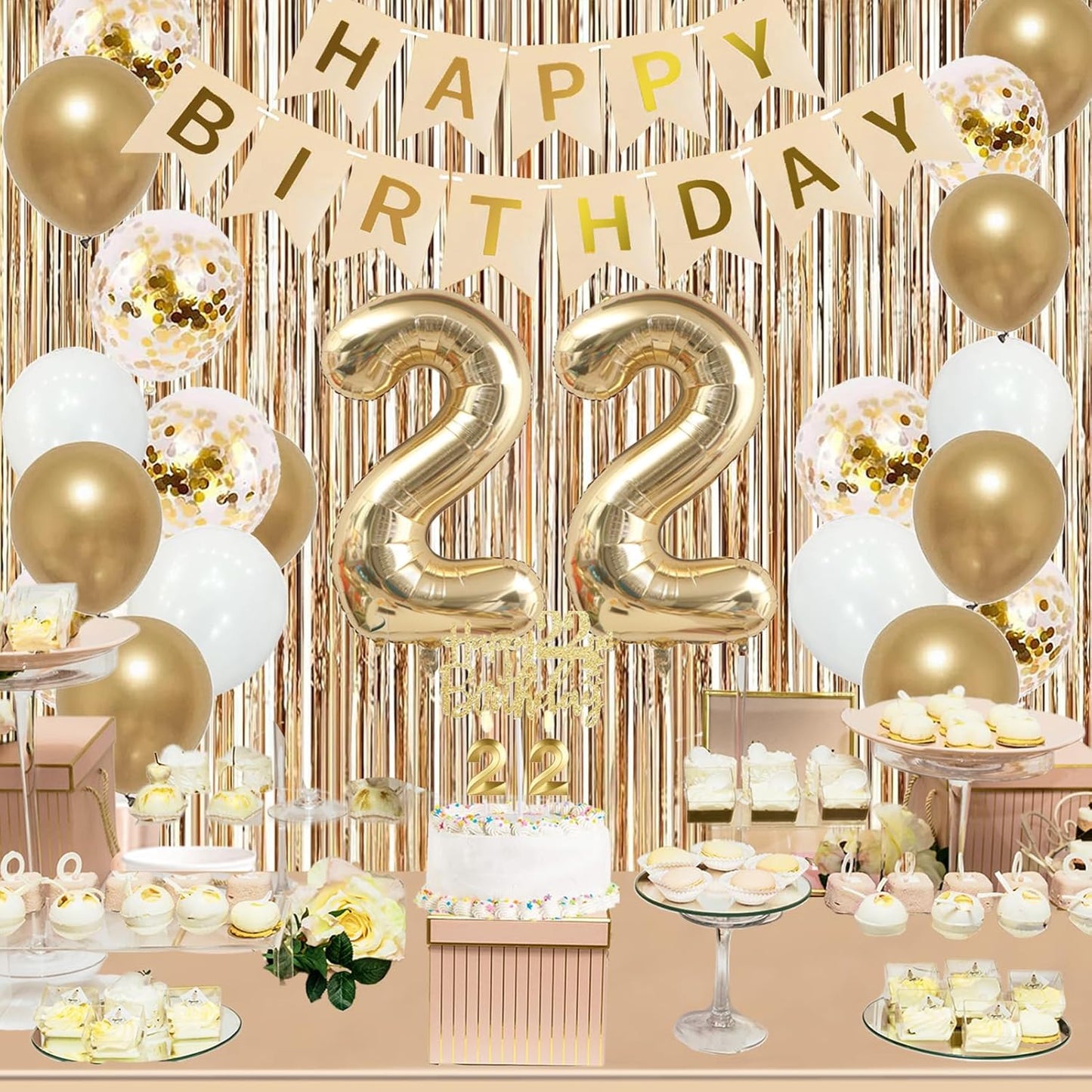 Trgowaul 22nd Birthday Decorations for her, Champagne Gold Happy 22nd Birthday Supplies for Girls, 22 Sash and Crown, Banner, Fringe Curtains, Cake Topper, 22 Year Old Party Supplies Set