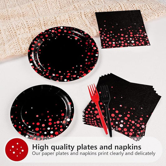 Grencian 200Pcs Black and Red Party Supplies Valentine's Day Red Dot on Black Plates and Napkins Disposable Tableware Set for Birthday Wedding Baby Shower Valentine's Day Party Decorations, Serves 50
