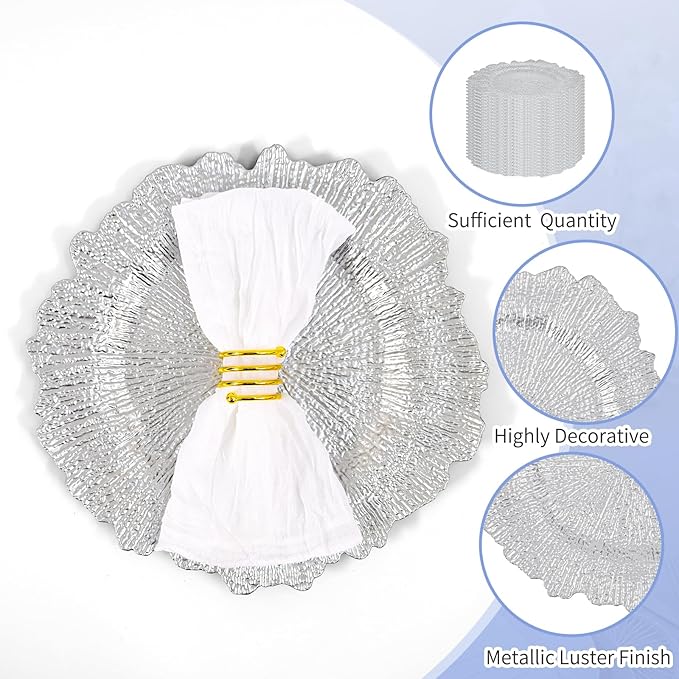 50 Pcs Silver Charger Plates Bulk 13 Inch Plastic Charger Plates for Dinner Plate, Silver Chargers for Table Setting, Reef Design Plate Floral Decorative Round Chargers for Wedding Party, Event