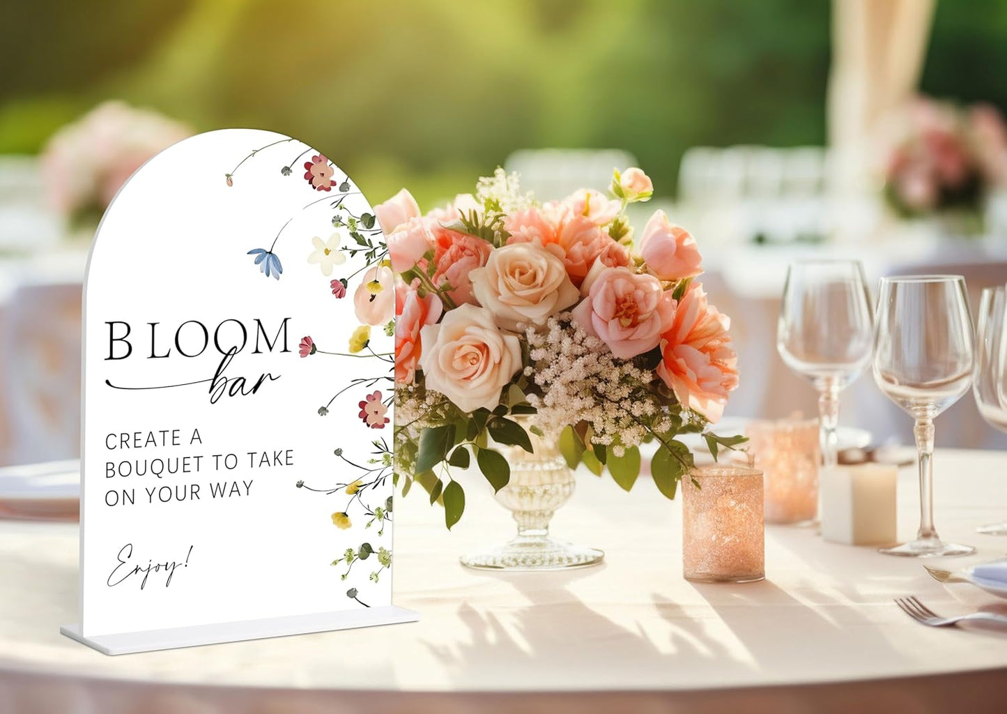 Bloom Bar Sign, Flower Style Bridal Shower Sign for Wedding, Engagement, Bridal Shower and Reception, Bridal Shower Decorations, Wedding Shower Favors, 6X8 Inch Acrylic Arch Sign with Stand,25