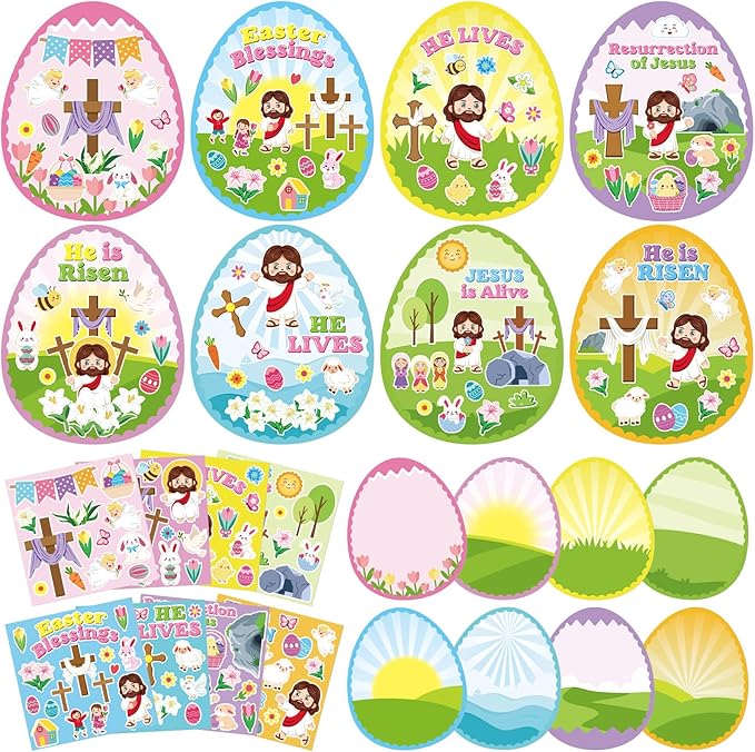 Frienda 48 Sets Easter Religious Crafts for Kids Make an Easter He is Risen Egg Sticker Scenes Resurrection Crafts Stickers for Christian Bible Sunday School Party Favors