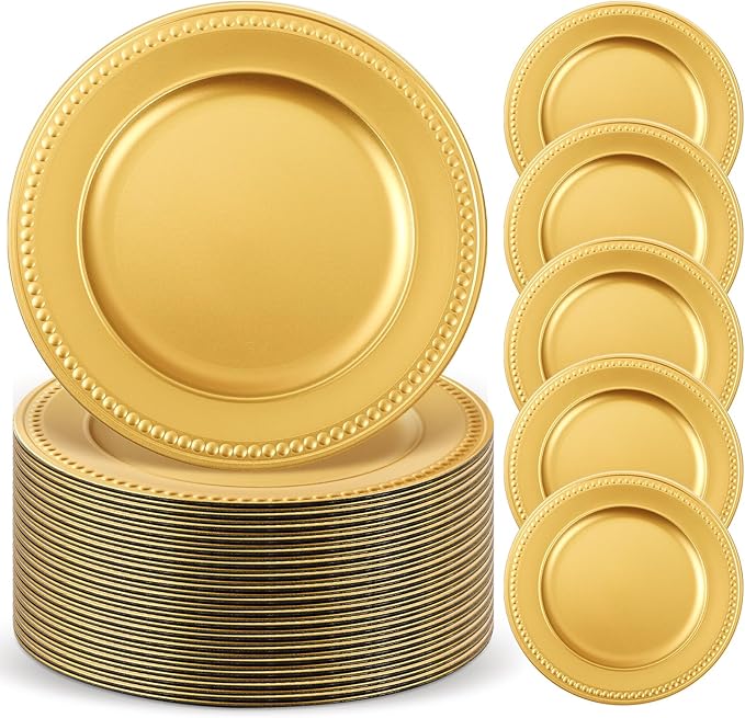50 Pcs 13" Vintage Gold Charger Plates Round Beaded Chargers Bulk for Dinner Plates Serving for 50 Guests for Antique Wedding Holiday Party Bridal Shower Event Dinner Table Setting Decoration