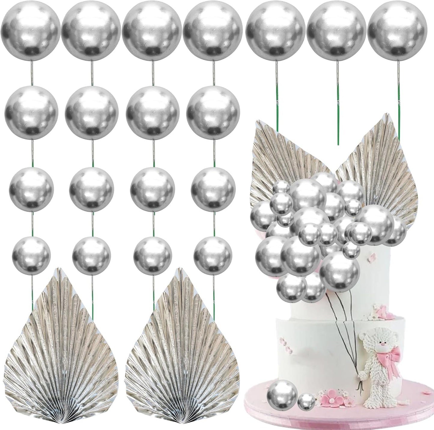 Ephlyn 28Pcs Paper Palm Fan Cake Topper Balls Cake Pick for Baby Shower Wedding Bridal Shower Birthday Party DIY Party Cake Decorations Supplies Silver