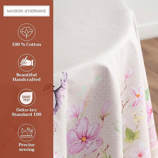 Maison d' Hermine Table Cloth Round Table 100% Cotton 69 Round Inches Tablecloth Reusable Decorative for Dining Room Farmhouse Home Valentines Day Decorations Spring Summer - Magnolia Mornings