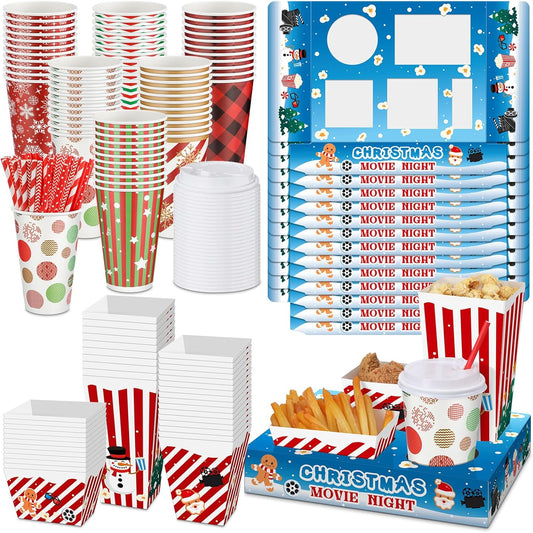 Bokon 172 Pcs/ 24 Sets of Christmas Movie Night Snack Trays 3 Sizes Snack Boxes, 16 oz Disposable Drinks Cups, 50 Straws, Complimentary Sealing Stickers for Cinema Party Decoration(Paper,Stripe)