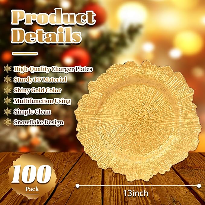 GenMous 100 Pack Gold Charger Plates Bulk for Wedding Party Table Decor, 13 inch Floral Decorative Gold Charger for Dining Plates, Plastic Metallic Plates Charger for Thanksgiving Christmas Holiday