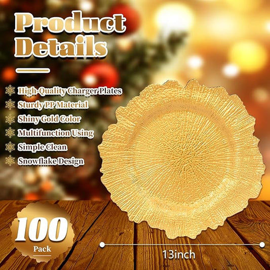 GenMous 100 Pack Gold Charger Plates Bulk for Wedding Party Table Decor, 13 inch Floral Decorative Gold Charger for Dining Plates, Plastic Metallic Plates Charger for Thanksgiving Christmas Holiday