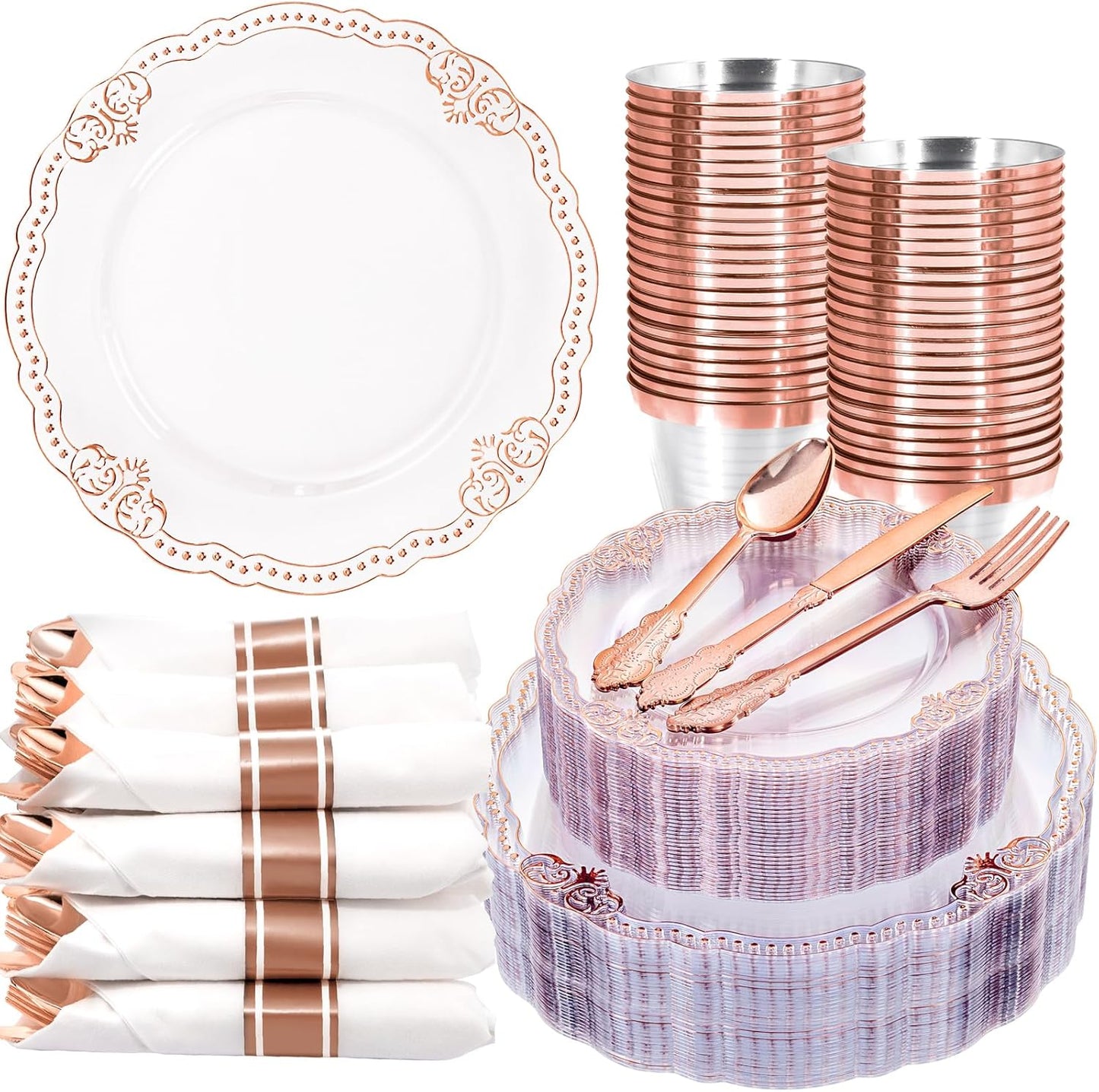 Ciaell 350 PCS Rose Gold Plastic Plates - Rose Gold Disposable Plates Dinnerware Include 50 Disposable Plate, 50 Heavy Duty Silverware, 50 Cups, 50 Napkins for Wedding & Party & Anniversary