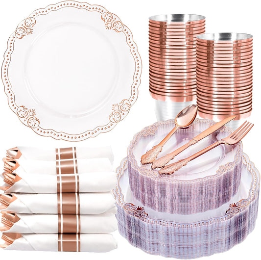 Ciaell 350 PCS Rose Gold Plastic Plates - Rose Gold Disposable Plates Dinnerware Include 50 Disposable Plate, 50 Heavy Duty Silverware, 50 Cups, 50 Napkins for Wedding & Party & Anniversary