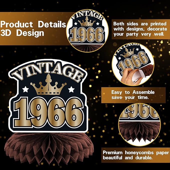 DARUNAXY 60th Birthday Party Decorations for Men Women, Vintage Back in 1966 Banner, Black 60 Number Balloons & Cake Topper, Vintage 1966 60 Birthday Honeycomb Hanging Swirl Confetti Balloons(30PC)