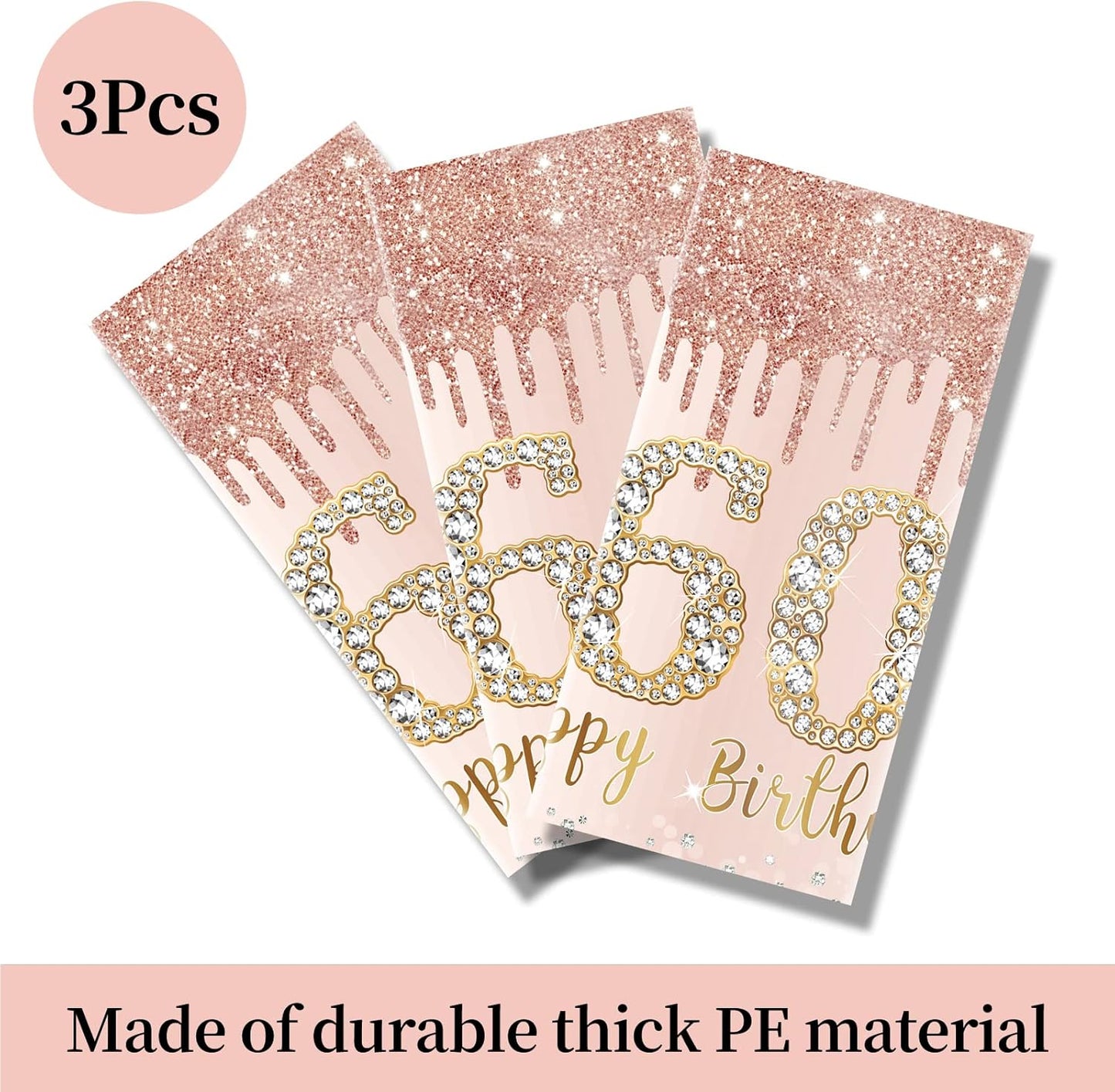 Excelloon 3 Pack Pink Rose Gold Happy 60 Birthday Table Cover Party Supplies, Sixty Year Old Plastic Disposable Rectangular Table Cloth Decor