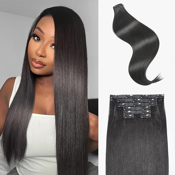 LUVME Clip in Hair Extensions Yaki Straight, Seamless 2 Pack 7PCS 100g, 16 Inch Real Human Hair, Natural Black, Thick Volume for Women Daily Wear & Party