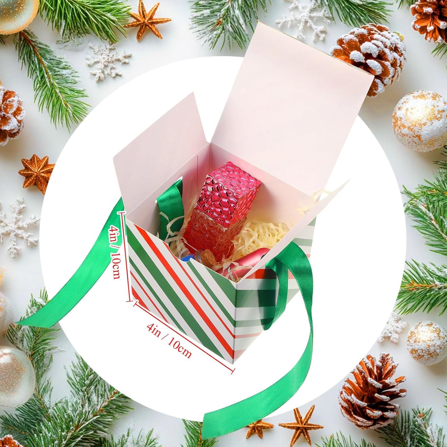 Dispowreath 48 Pcs 4x4x4 Christmas Gift Boxes with Ribbon Xmas Small Box with Lids Treat Boxes for Gift Wrapping Ornaments Wedding Holiday Birthday Party Favor(Red Green Stripe)
