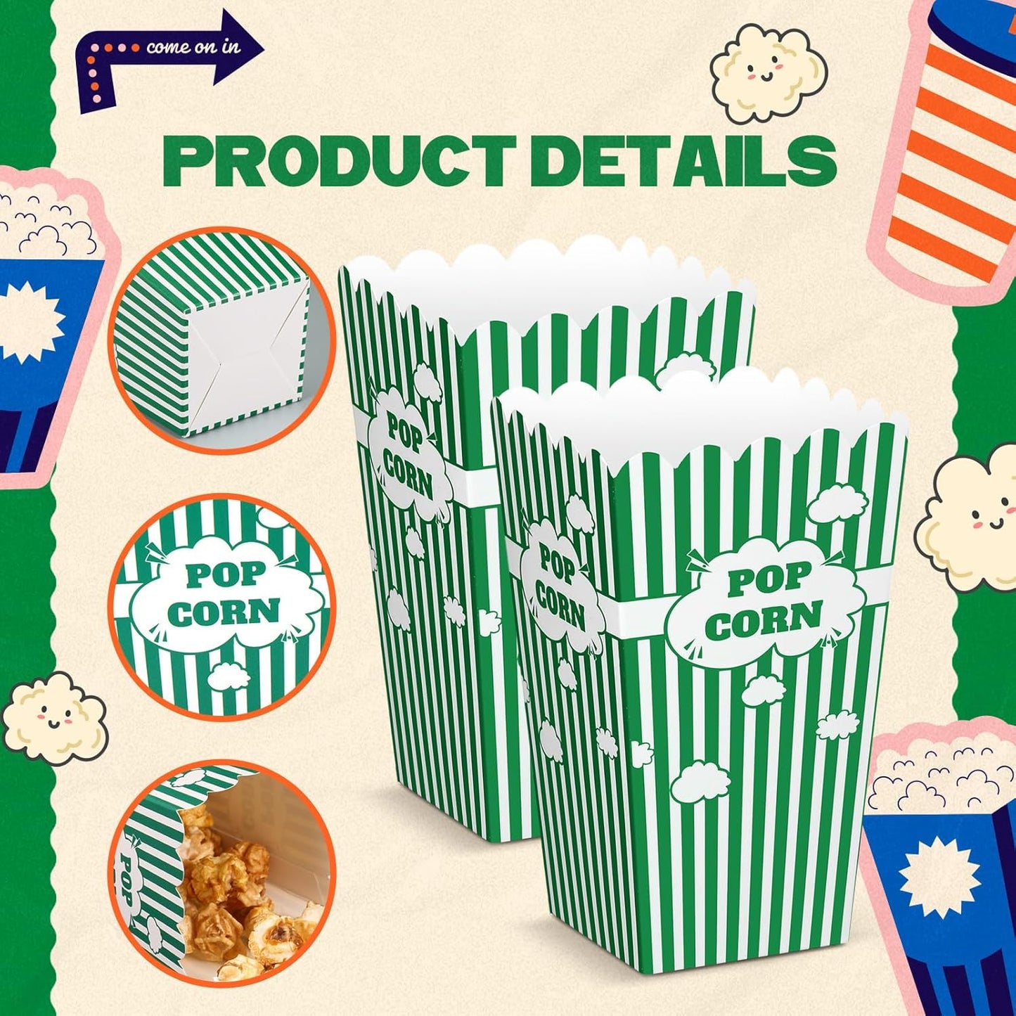 50 Pcs mini stripe popcorn boxes Buckets and Container for Home for Graduation Carnival Summer Birthday Party Supplies(Green)