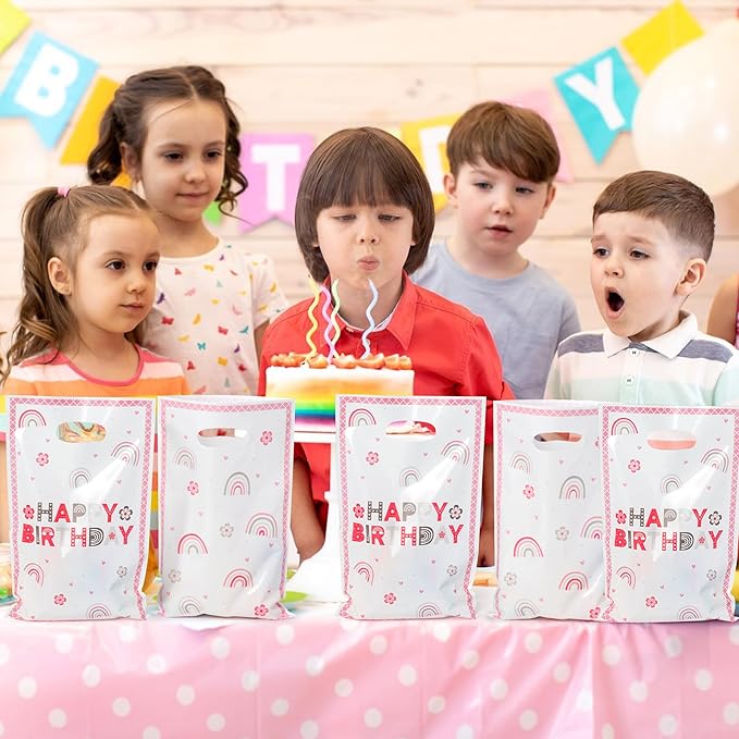 50Pcs Pink Boho Birthday Party Favor Bags, Plastic Boho Rainbow Goodie Candy Treat Gift Bag with Handles Retro Groovy Girls Kids Birthday Party Supplies Decorations