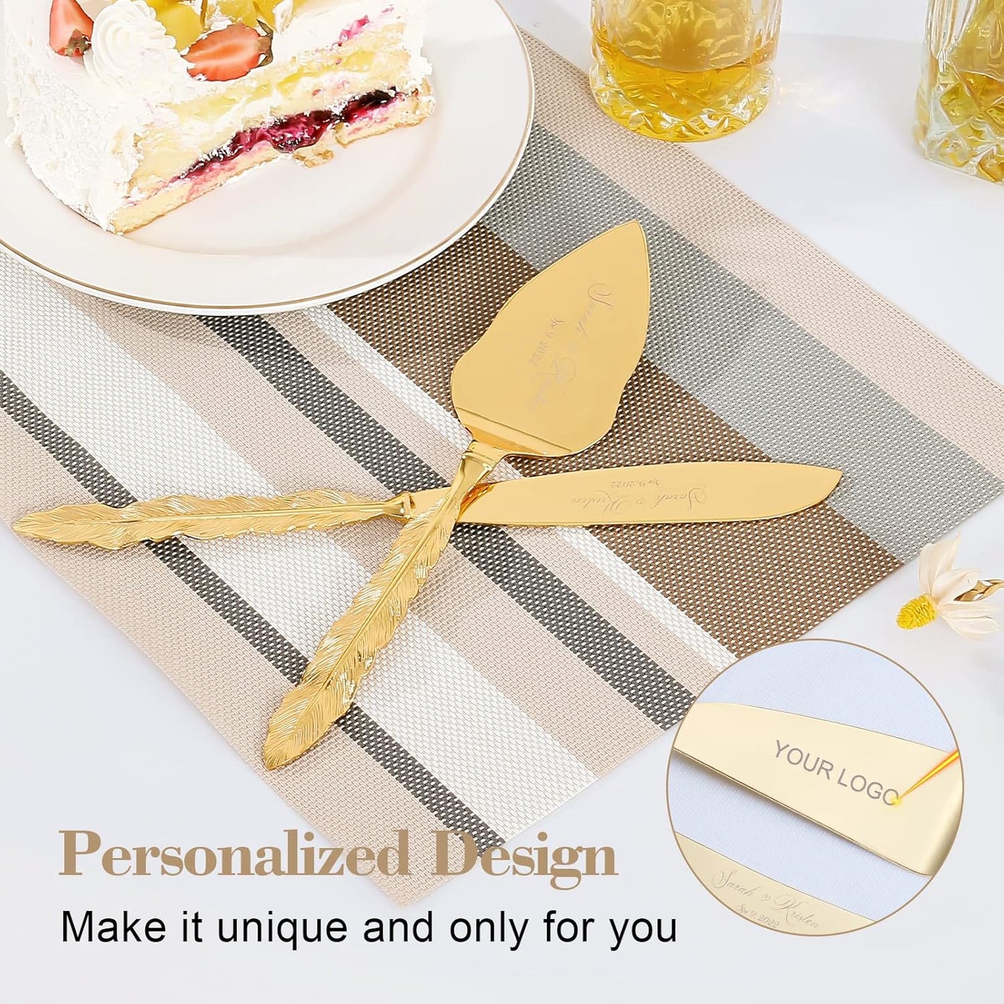 Wedding Cake Knife and Server Set, Personalized Gold Cake Cutting Set for Wedding, Engraved Classic Cake Cutter Set, Pie PastryServer, Birthday Bridal Quinceañera Gift (CUS-Feather)