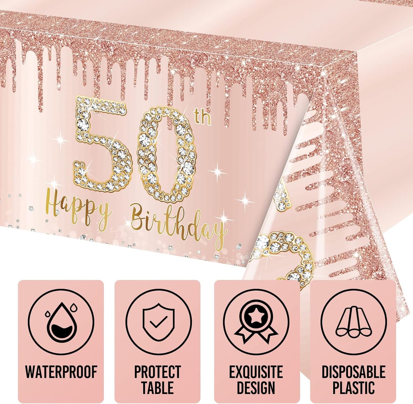 Excelloon 3 Pack 50th Birthday Tablecloth Decorations, Pink Rose Gold Happy Birthday Table Cover, Plastic Disposable Rectangular Table Cloth Decor