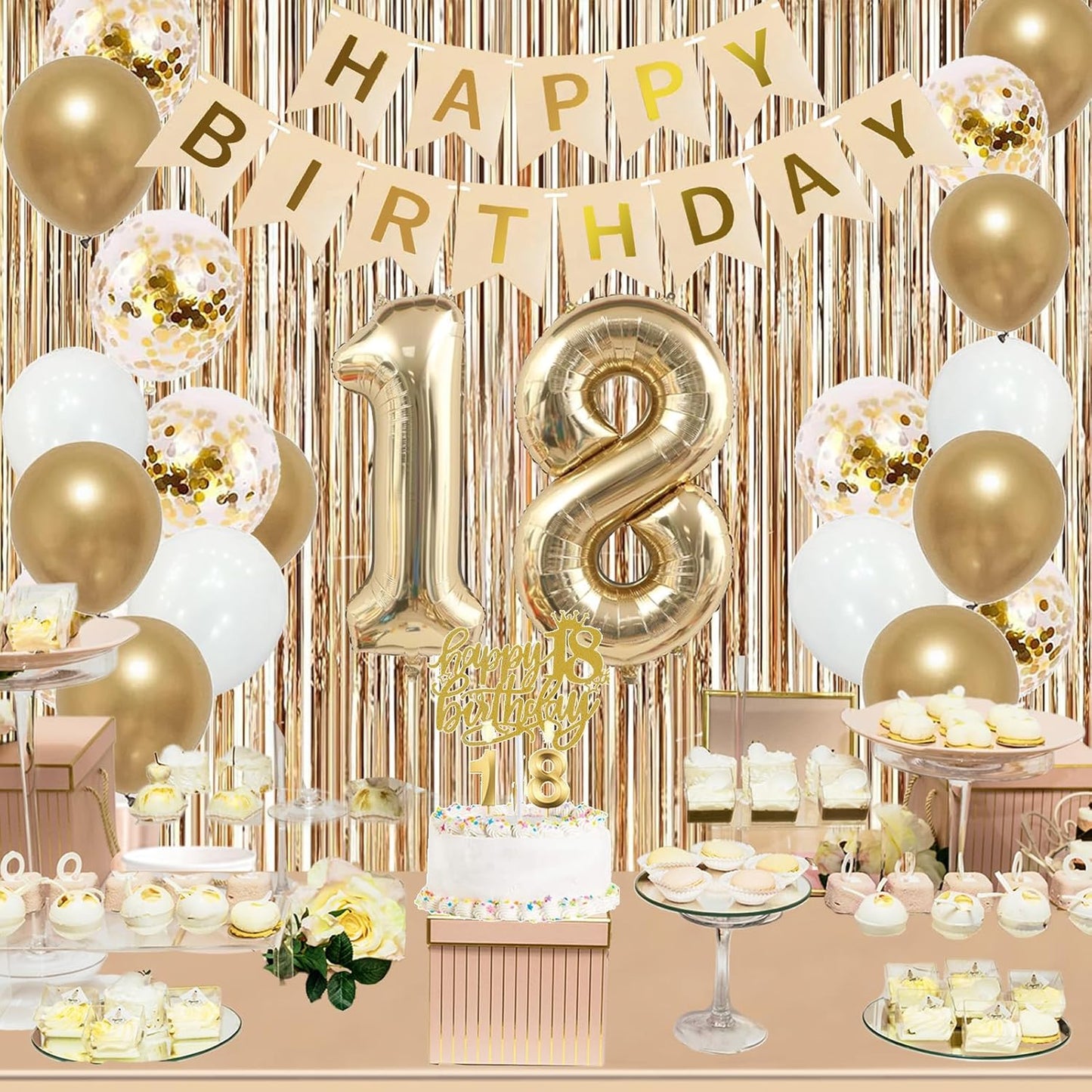 Trgowaul Happy 18th Birthday Decorations for Girls, Banner, Sash and Crown, Cake Topper, 18 Number Balloon, Fringe Curtains, Champagne Gold 18th Birthday Party Supplies