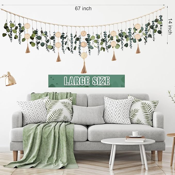Juexica Artificial Hanging Eucalyptus Wall Decor Boho Bedroom Wall Decor with LED String Light for Home Office Farmhouse Nursery Bathroom Kitchen (Wooden Tassel)