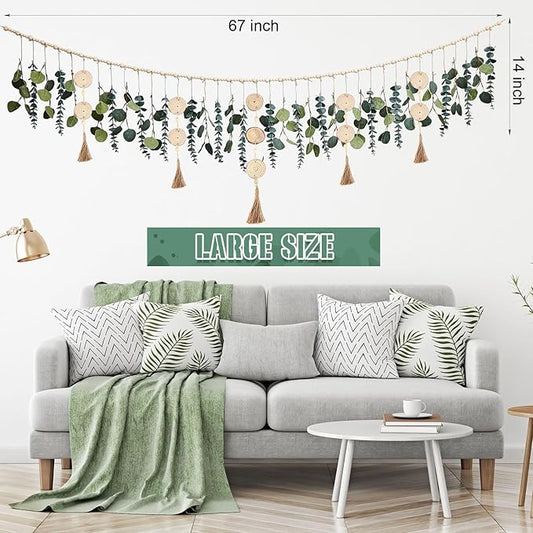 Juexica Artificial Hanging Eucalyptus Wall Decor Boho Bedroom Wall Decor with LED String Light for Home Office Farmhouse Nursery Bathroom Kitchen (Wooden Tassel)